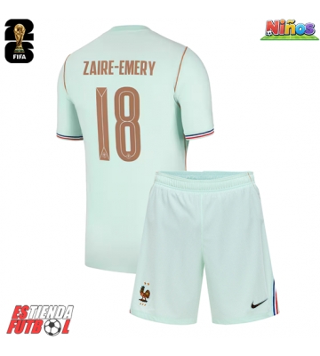 Francia Warren Zaire-Emery #18 Segunda Equipación Niños Mundial 2026 Manga Corta (+ Pantalones cortos)